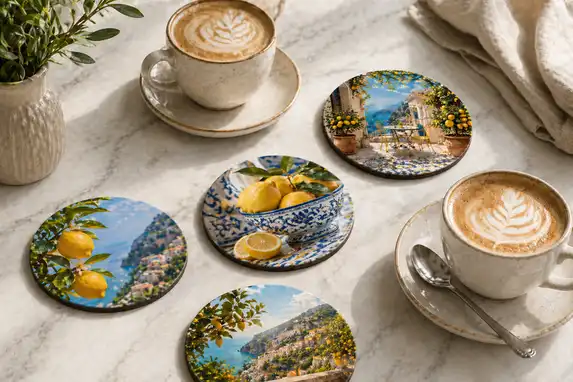 Runde Foto-Untersetzer als stilvolles Set für Kaffee oder Tee.