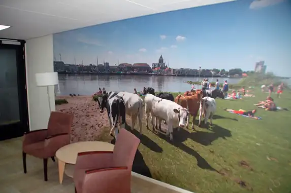 Nahtlose Airtex Fototapete aus einem Stück, optional mit akustischer Dämmung für bessere Schallabsorption.