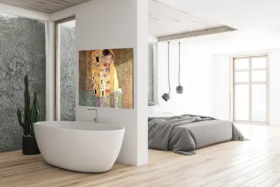 Kunstwerke wie Klimts Kuss eignen sich sehr gut für Plexibond.