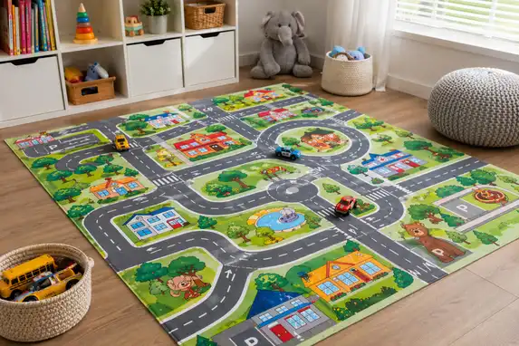 Bedruckter Spielteppich mit Straßenmotiv – ideal fürs Kinderzimmer.